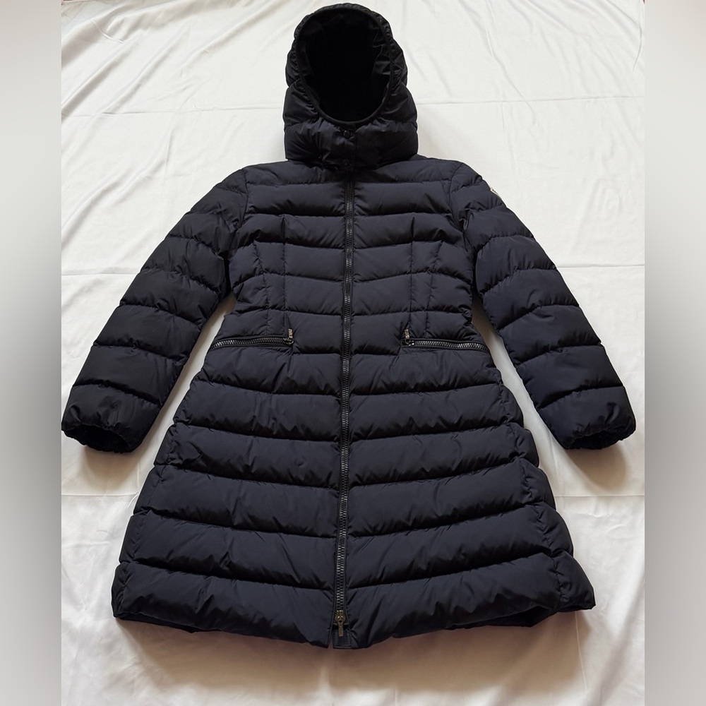Moncler Girl's Charpal Hooded Long Down Coat, Size 14 Navy